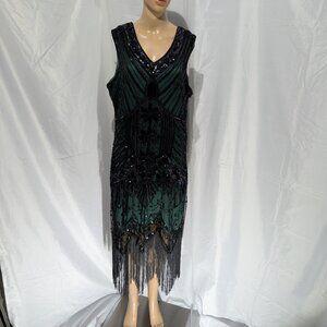Vintage-Inspired Beaded Fringe Midi Dress in Deep Green